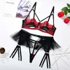 Sexy Conjunto Muziskat Lingerie Lingerie Tulle Bordado Mulheres Nice Sexy Rouphe 3 Peças Lingerie com Garter verão Sexy Set P230428