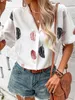 Women's Blouses Summer Feather Print Short Sleeved Shirt Women Fashion V-Neck Button Loose Fitting Blouse Elegant White Black Office