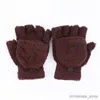 Детские варежки для студентов, теплые зимние перчатки двойного назначения для мальчиков и девочек, коралловые перчатки, откидной верх, перчатки с половиной пальца, вязаные варежки