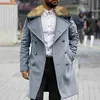 Men's Wool Winter Men Fur Long Woolen Coat Straight Lapel Button Pocket Solid Black Fashion Oversize Office Casual Warm Outwear Tops