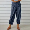 Женские брюки лето-осень повседневные свободные покроя с эластичной резинкой на талии черные однотонные хлопковые льняные капри со средней посадкой для женщин
