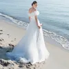 Elegante Lange Witte Bateau Hals Trouwjurken Met Ruches A-lijn Tule Sweep Trein Bruidsjurk Rits Terug vestido de novia Dames Jurken