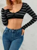 Women's T Shirts Summer Autumn Sexy Crop Tops Girls V-Neck Button Up Long Sleeve Striped Slim Fit Vintage