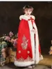 Down Coat Red Thick Hanfu Cloak Autumn and Winter Windproect Cape Chinese Style Little Girl Floral Brodery 3-12 Yeas