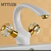 Bathroom Sink Faucets Vidric European White Roasted Paint Long Neck Brass Sitting Mounted Crystal Hand Wheel Single Hole Basin Faucet Cold