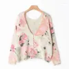 Kvinnors stickor Autumn Women Floral Print V-Neck-knapp Mohair Knittad tröja Cardigan Front and Back Style (M No Stock)