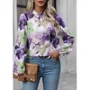 Women's Blouses 2023 Flower Print Lantern Long Sleeves Autumn Boho Sexy High Street Button Hollow Out Round Neck Top Spring Chic