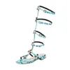 2023 Summer New Womens Gladiator Knee High Top Sandals Diamond Rhinestones Mixed Colors Hollow Out Roman Boots Size 43 44 45 46