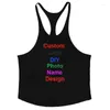 Regatas masculinas DIY logotipo da marca personalizado Y Back Gym Stringer Top Homens Algodão Roupas Fitness Musculação Camisa Sem Mangas Treino Singlet