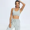 Yoga outfit NWT 2023 2 st per uppsättning sexig sport fit kvinnor byxa sidofickor bh träning fitness pläd justerbar