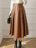 Skirts Seoulish Autumn Winter PU Faux Leather Women's Umbrella Skirts Solid High Waist Pleated A-Line Skirts Ladies Female 230428