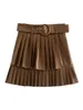 Skirts XNWMNZ Women fashion with belt pleated faux leather mini skirt vintage high waist a-line skirts female skirts mujer 230428