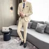 Men's Suits 3pcs Narrow Stripe Men Suit Design 2023 Yellow Pink Apricot Slim Moking Homme Mariage Mens Wedding Ternos Para Hombre