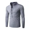 Men's T Shirts Solid Color Stand-up Collar T-shirt Button Placket Casual All-match Long-sleeved Slim Bottoming Shirt For Men