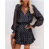 Casual Dresses V Neck Corset Bohemian Vacation Mini Dress Women Elegant Fashion Cheetah Print Ruffles Lång ärm