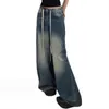 Kvinnors jeans vintage hög midja vid benbälten Löst golvbyxor