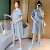 Maternity Dresses Summer Pregnant Women Dresses Maternity Casual Clothes Pregnancy Lapel Dress Solid Color Short-sleeved T-shirt Female A Skirt 230428