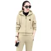 Women's Two Piece Pants Lady Coat Set Stylish Winter Tracksuit With Hooded Drawstring Plush Embroidery Cozy Trendy Functional