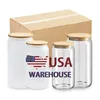 US CA Stock 16oz تسامي النبيذ الزجاجية أكواب البيرة Bamboo Lid DIY Blanks Frosted Clear Mason Jar Tumblers Can Cocktail Iced Coffee Soda Cups Coups