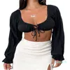 2023-Women's Tanks Women S Summer Slim Crop Tops Fit Long Sleeve Low Cut Tie Up Tシャツ