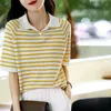 Kvinnors polos 2023 Kvinnors Summerkontrast Färg Stickade Tees Female Ice Silk Thin Polo Shirts Ladies Striped Short Sleeve T-Shirt A98