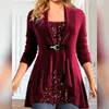 Women's Blouses Lady Thick Top Stylish Shiny Sequin Blouse Ruffled U Neck Mid Length Pullover For Fall/winter Fashion Christmas Long