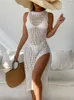 Maillots de bain pour femmes Beach Dress Bikinis 2023 Femmes Cover Up Sexy Tricoté Fentes Creuses Solid Whited Jupes Longues Ups Femme Summer Beachwear