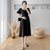 Umstandskleider 929 # Sommer Korean Fashion Schwarz Umstands Midikleid Elegant A Line Slim Kleidung für Schwangere Perlen Schwangerschaft 230428