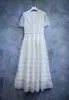 دانتيل أبيض فستان جولة رقبة قصيرة الأكمام شبكة متعددة الطبقات فستان طويل