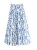 Kjolar Qooth vår sommarkvinnor hög midja blå blommig tryckta kjolar bomullslinne avslappnad midi kjol qt1716 230428