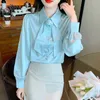 Kvinnor Bluses French Style Satin Shirt Spring Autumn Clothing 2023 Office Underwear Elegant Flower Bow Collar Blus