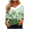 Women's T Shirts Ladies Tshirt 2023 Spring Trend Sexy V Neck Print Elegant Flower Theme Streetwear 3/4 Sleeve Tops Casual Loose Womens