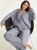 Women's Sleepwear 2023 Casual Pure Cotton V Neck Single Breasted Wide Leg Pants Trouser Suits Drop Sleeves Set Woman 2 Pieces Loungewear