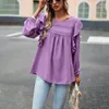 Kvinnors blusar 2023 Autumn Winter Blus Top Lace Pleated Stitching Solid Color Shirt Women Ruffles Puff Sleeve Round Neck