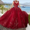 Röd glänsande älskling bollklänning quinceanera klänningar applikationer spetspärlor kristall med cape snörning söt 16 vestidos de 15 anos