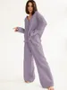 Women's Sleepwear 2023 Casual Pure Cotton V Neck Single Breasted Wide Leg Pants Trouser Suits Drop Sleeves Set Woman 2 Pieces Loungewear