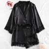 Sexy Pyjamas Black sexy women's pajamas satin 4 piece lace silk pendant top shorts pajama set pajamas 231128