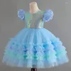 Girl-jurken 3-10 jaar oud meisje's pailloze Halloween Blue Bubble Sheeved Flower Truding Dress Children's Day Performance Ball