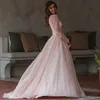 Nowoczesna różowa wieczór formalna sukienka 2024 głęboka v dekolt puff długim rękawem bokskocze