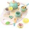 Kitchens Play Food 15pcs Wooden Tea Toys Pretend Kitchen Accessories Playset for Kids Party 231128