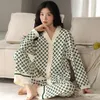 Women's Sleepwear Pajamas Set Checkerboard Cardigan Long Sleeves Pants Comfortable Relaxed Night's Sleep