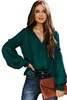 Women's Blouses Red/Green/Beige Satin V-neck Lantern Sleeve Drawstring Blouse Women Elegant Autumn Spring S-2XL Tops