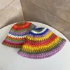 Wide Brim Hats Bucket Hats Womens Straw Hat Rainbow Crochet Hand-made Panamas UV Protection Sun Visor Beach Hats Women Visors Foldable Summer Sun Hat 230428