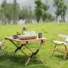 キャンプ家具屋外ポータブルキャンプロールテーブルキャリーバッグ折りたたみミニ小さな木製テーブルピクニスバックパッキング用の軽量テーブル