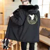 Men's Down Embroidery Chinese Style Hooded Fur Collar Parkas Jacket Mens Warm Thick Winter Long Coat Male Black Green Plus Size M-5xl