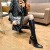 warmer Women's Boots Long Footwear Winter Knee High Shaft Shoes for Woman Very Heel Square Toe Black Novelty Work Fashion Rock