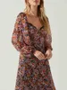 Robes décontractées Femmes Automne Robe Midi Floral Print Sweetheart Décolleté Longue Manches Bouffantes Mode Dos Nu Vacances