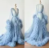 Luxury Ruffles Night Robe Bridal Long Sleepes Sleepwear See Through Sky Blue Party Nightgowns Robes Custom Made Made