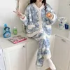 Kvinnors sömnkläder pyjamas flanell cardigan kvinnor pijama förtjockar korall fleece loungewear set varm vinter blå tie-dye