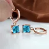 Hoop Earrings Princess Cut Blue Yellow Pink Black Green Stone Square For Women Rose Gold Color Zircon Ear Buckle Party Jewelry